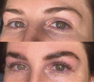 A before and after picture of the eyes with different colored eyebrows.