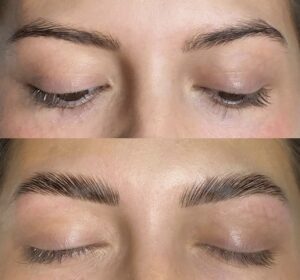 A before and after picture of the brows of a woman.