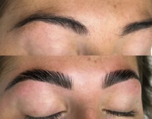 A before and after picture of the brows of a woman.